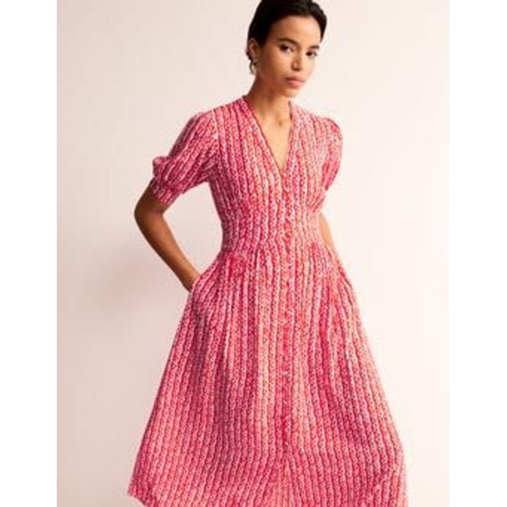 Boden Elsa Midi Tea Dress Pink Red Heart Print Twee V-Neck Short Sleeve 6R NEW